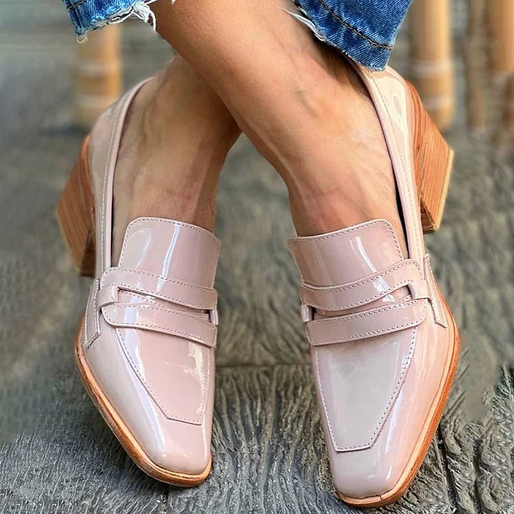 Women's Leather Block Heel Slip-On Loafers
