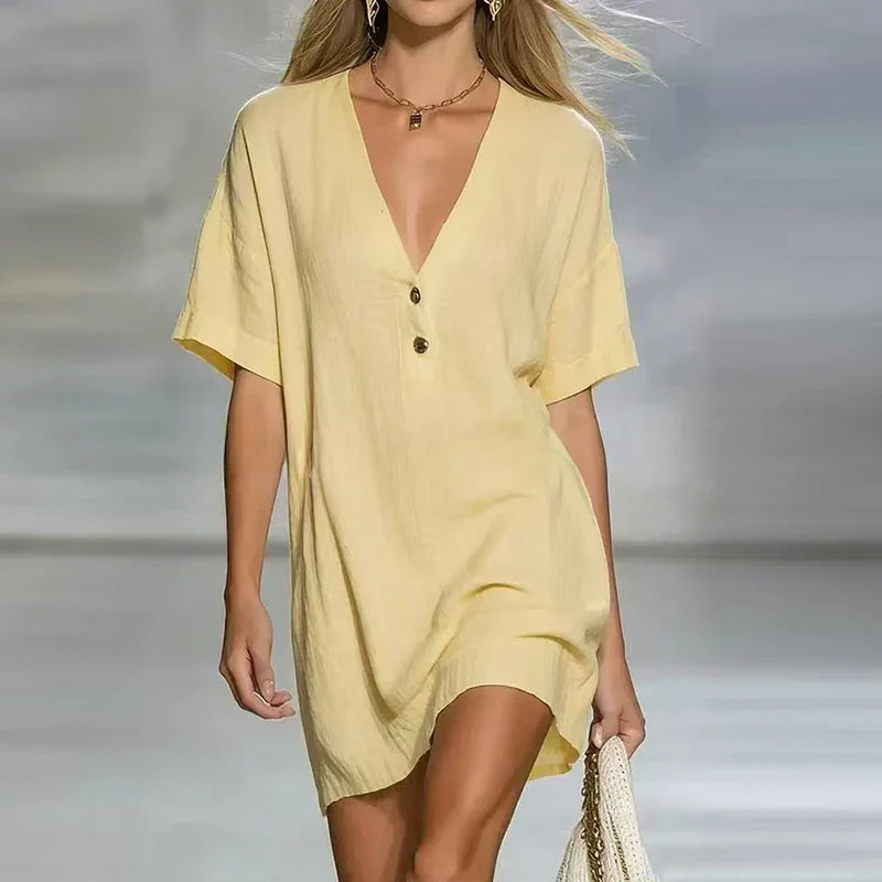 Women's Linen V-Neck Casual Shirt Dress