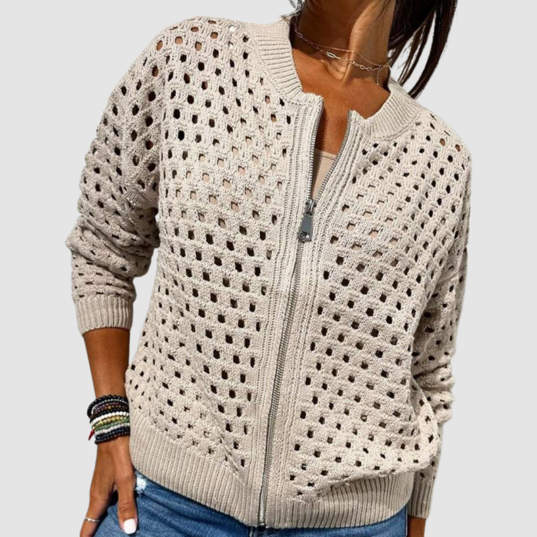 Women's Open Knit Zip Front Long Sleeve Cardigan