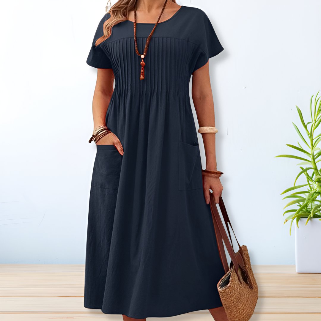Women's Pleated Short Sleeve Midi Summer Dress