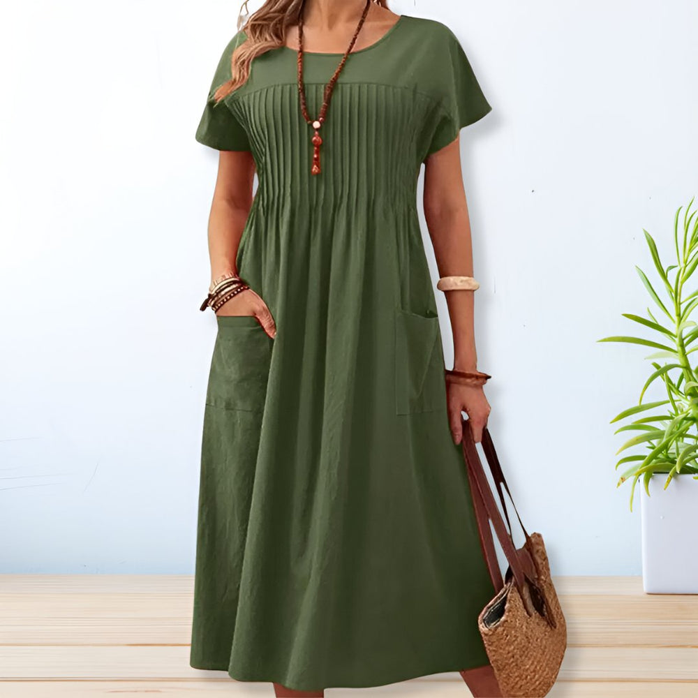 Women's Pleated Short Sleeve Midi Summer Dress