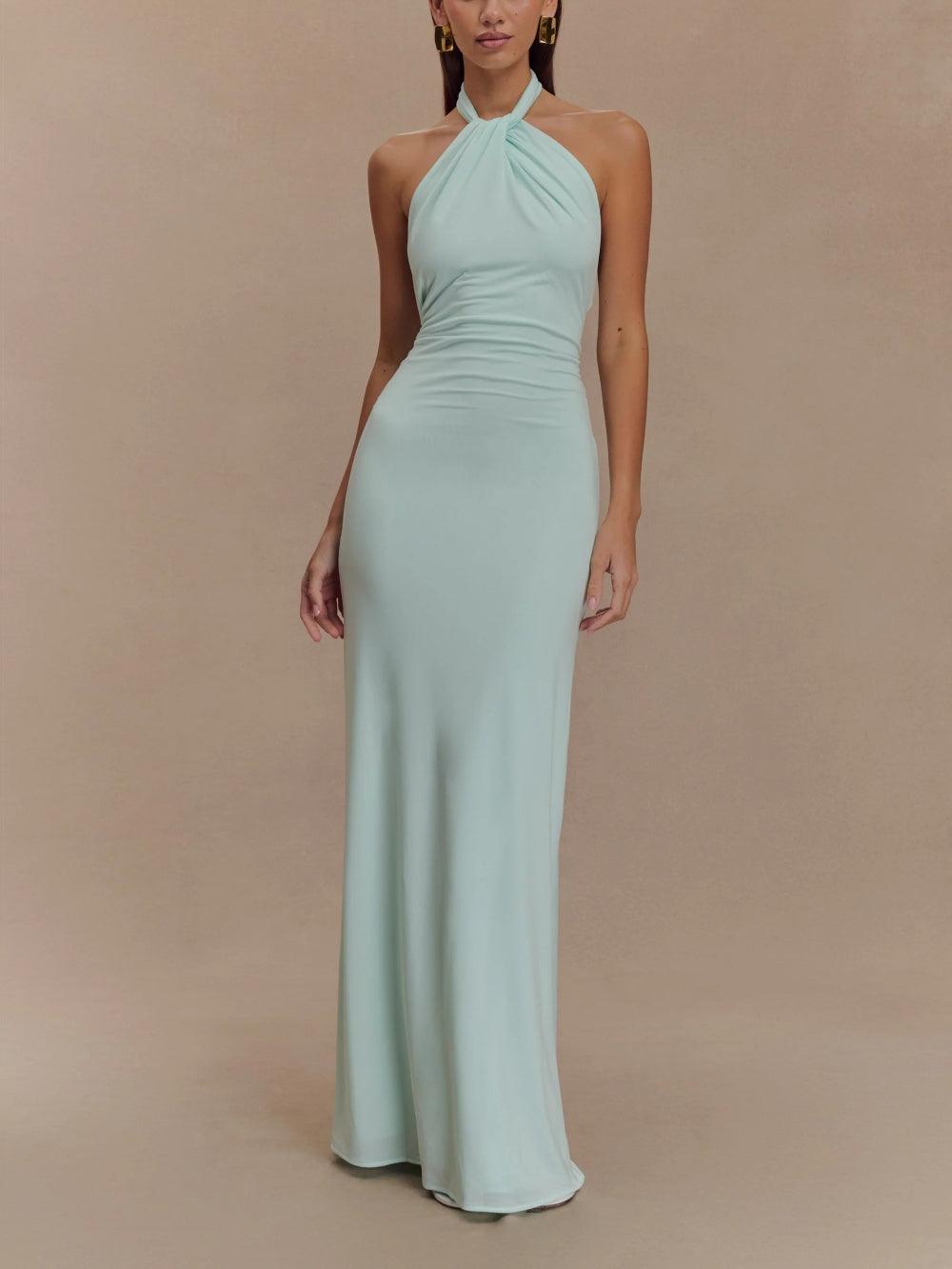Women's Ruched Halter Open-Back Maxi Dress
