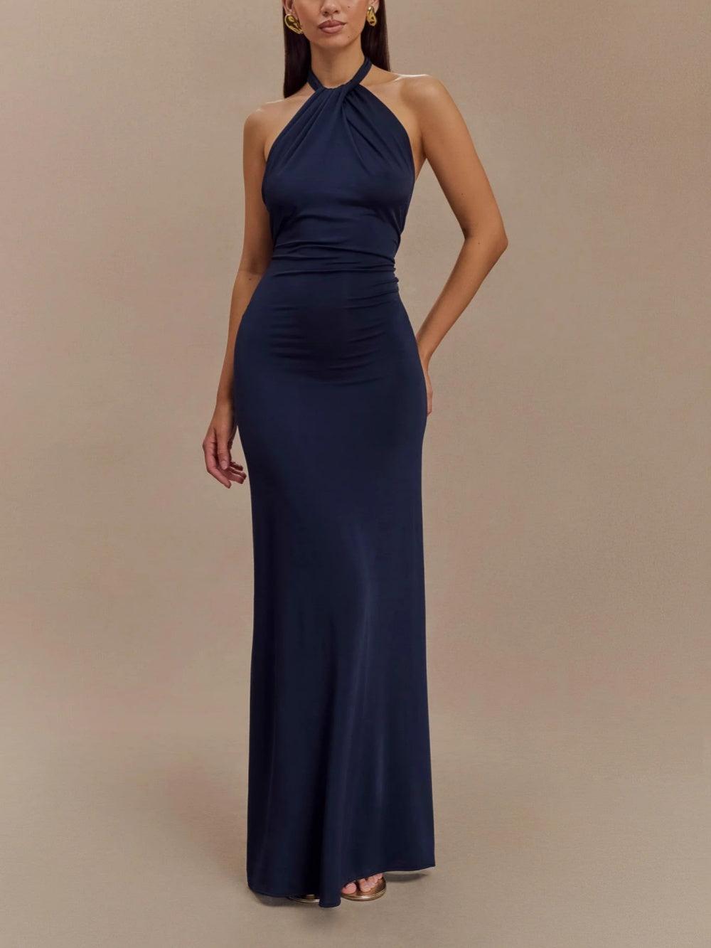 Women's Ruched Halter Open-Back Maxi Dress