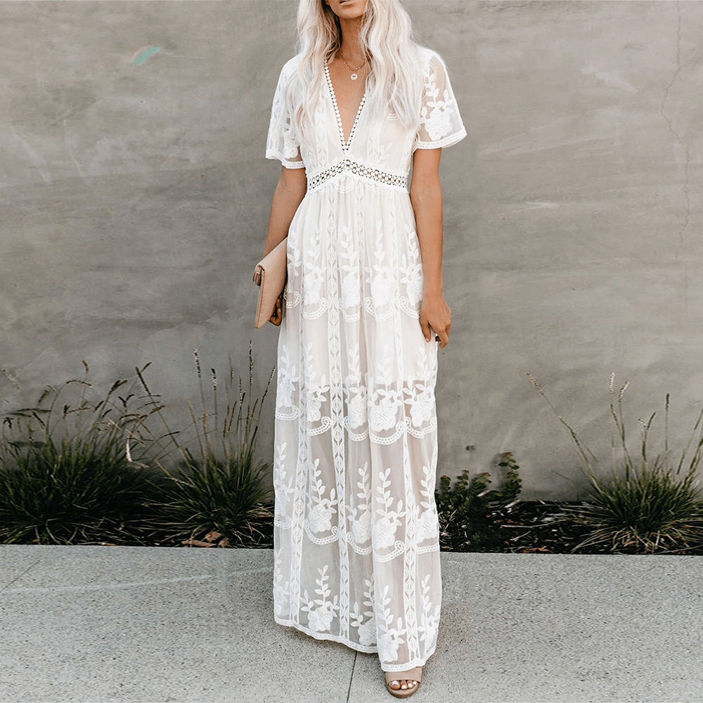 Women's Short-Sleeve V-Neck A-Line Maxi Dress