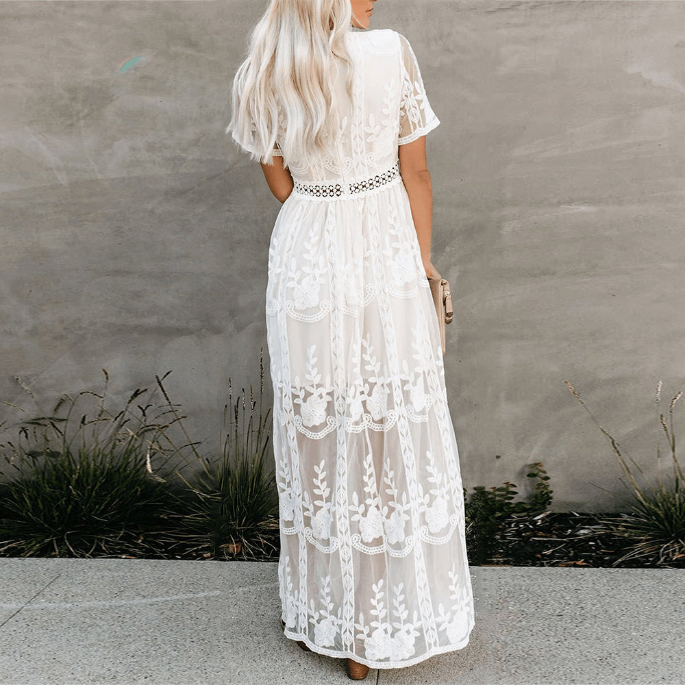 Women's Short-Sleeve V-Neck A-Line Maxi Dress