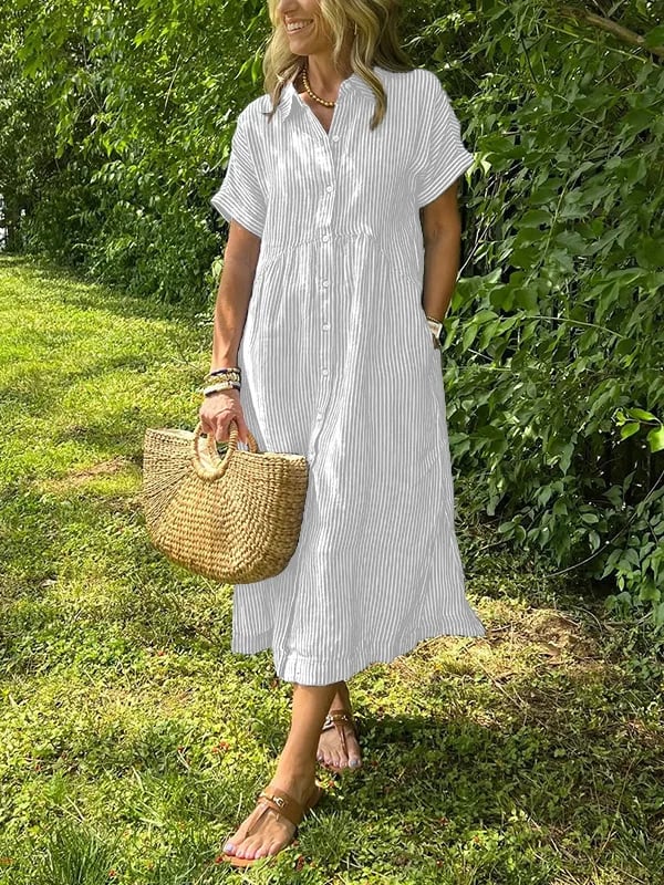 Women's Striped Button-Down Shirt Midi Dress