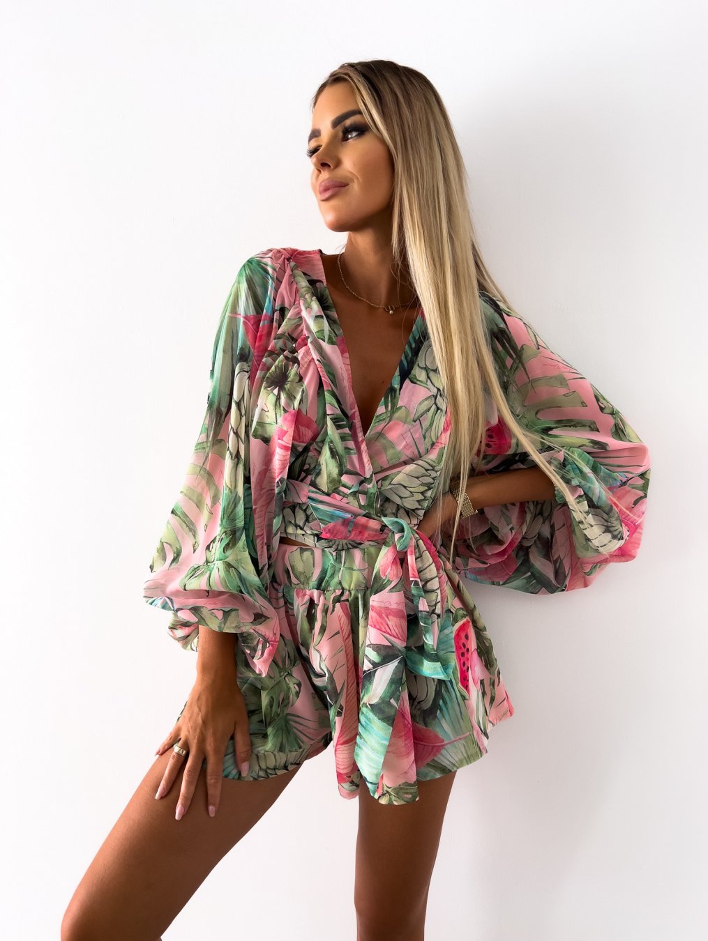 Women's Summer Print Wrap Top Two-Piece Set