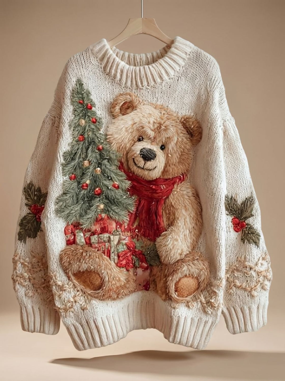 Luisa | Damen Weihnachtspullover Teddy-Motiv Oversized Strickpullover