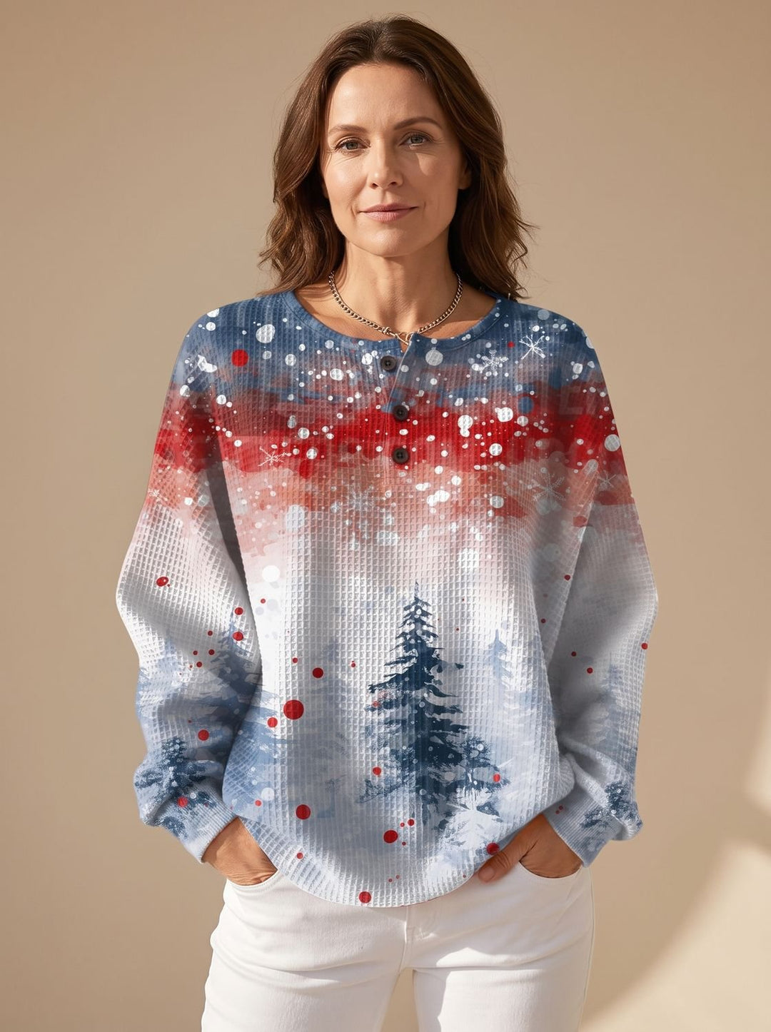 Mia | Damen Weihnachtspullover Waffelstrick Tannenbaum Langarmshirt