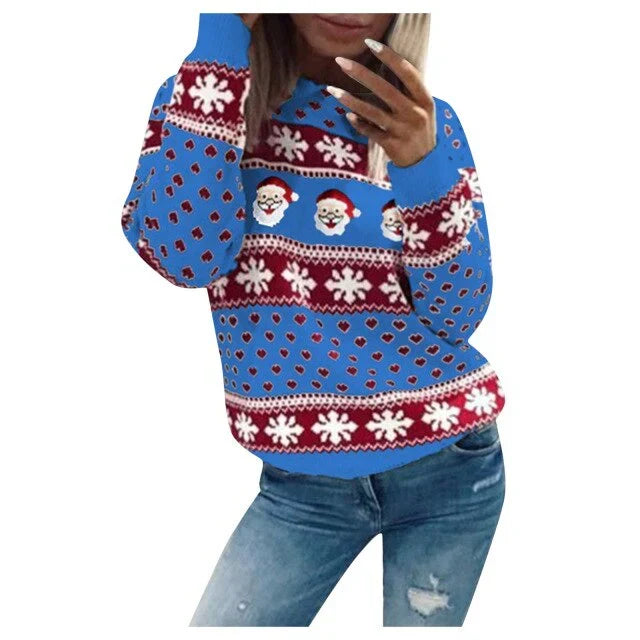 Emilia | Damen-Weihnachtspullover mit Weihnachtsmann- und Schneeflockenmuster